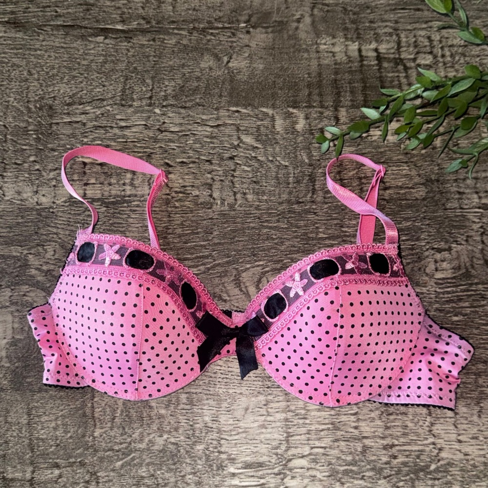 Pink Black Polka Dot Push Up Bra Ribbon Bow Coquette Y2K 34B